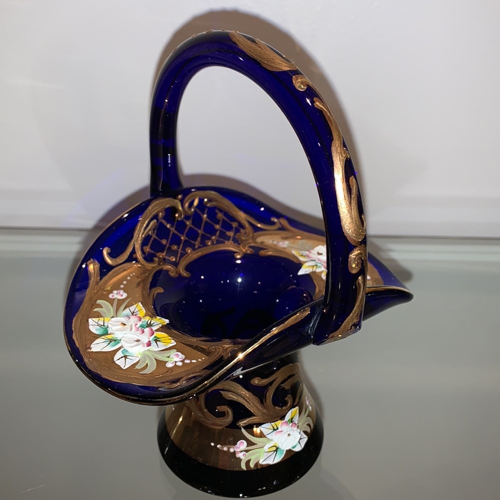 Vintage Glass Cobalt Basket Handmade Hand-painted